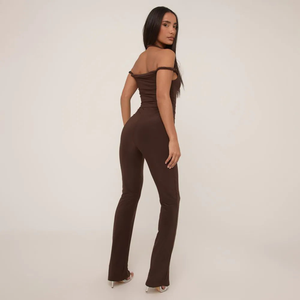 Square Neck Twist Rope Detail Straight Leg Jumpsuit In Chocolate Brown