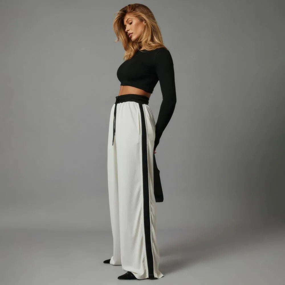High Waist Contrast Stripe Detail Wide Leg Joggers In Cream