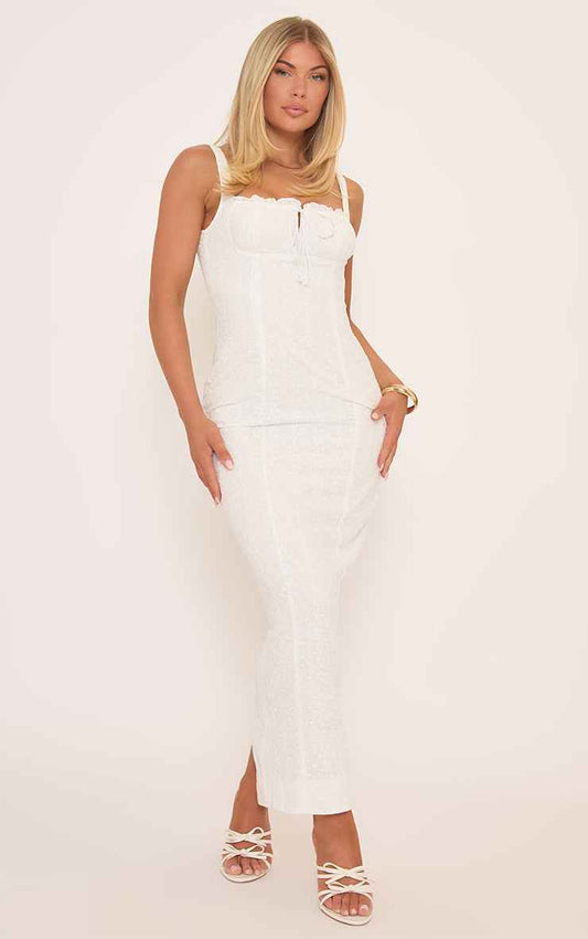 Square Neck Tie Front Ruched Bust Maxi Dress In White Broderie