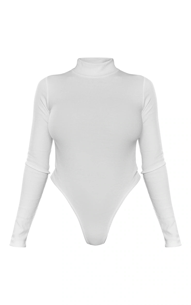 White Basic Soft Ribbed High Neck Long Sleeve Bodysuit