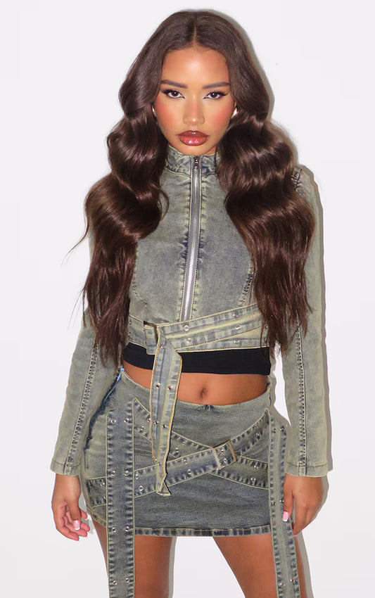 Petite Vintage Wash Denim Belt Detail Jacket