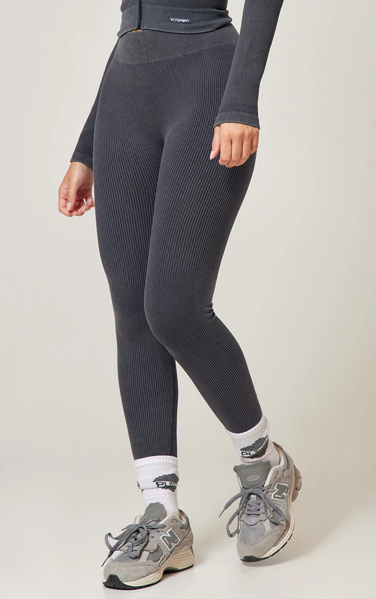 Charcoal Acid Wash Rib Seamless High Waist Gym Leggings