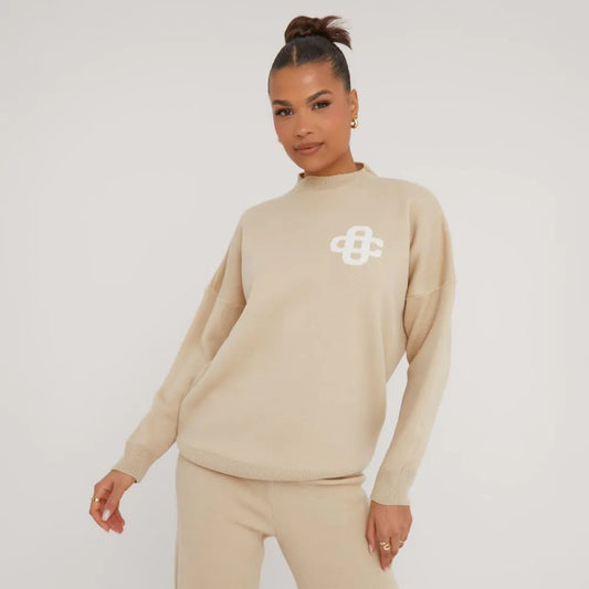 High Neck Oversized Contrast Swirl Detail Sweatshirt In Stone Knit