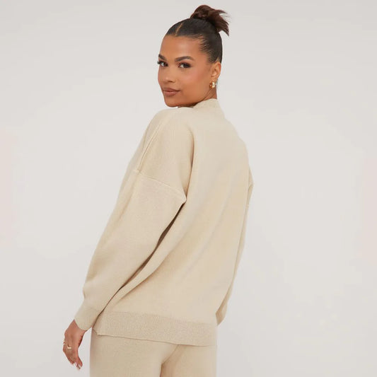 High Neck Oversized Contrast Swirl Detail Sweatshirt In Stone Knit