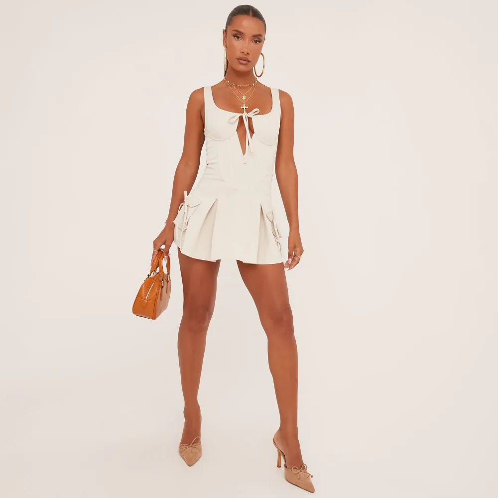 Scoop Neck Underwired Tie Front Pleated Cargo Mini Dress In Stone Woven