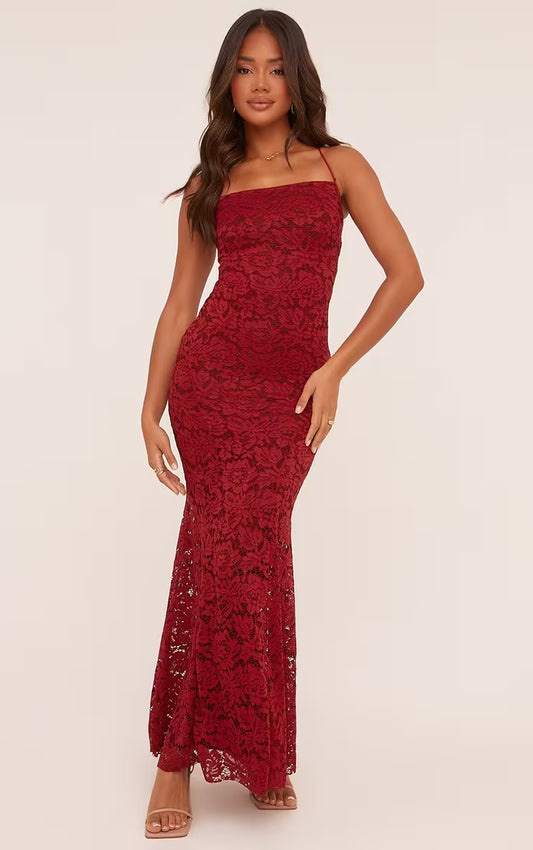 Ego - Bandeau lace up back maxi dress - burgundy