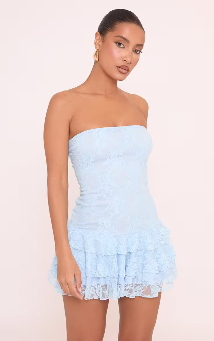 Ego - Bandeau Frill Hem Mini Dress In Blue Lace