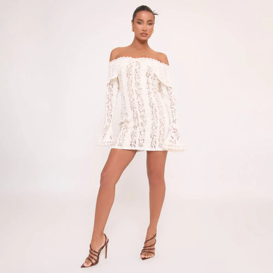 Long Sleeve Foldover Bardot Detail Mini Dress In White Lace