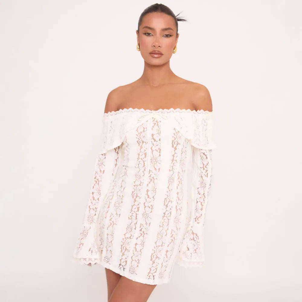 Long Sleeve Foldover Bardot Detail Mini Dress In White Lace