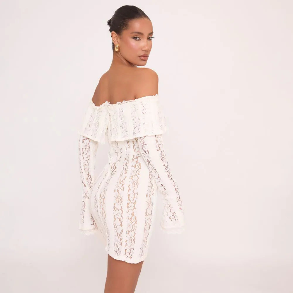 Long Sleeve Foldover Bardot Detail Mini Dress In White Lace