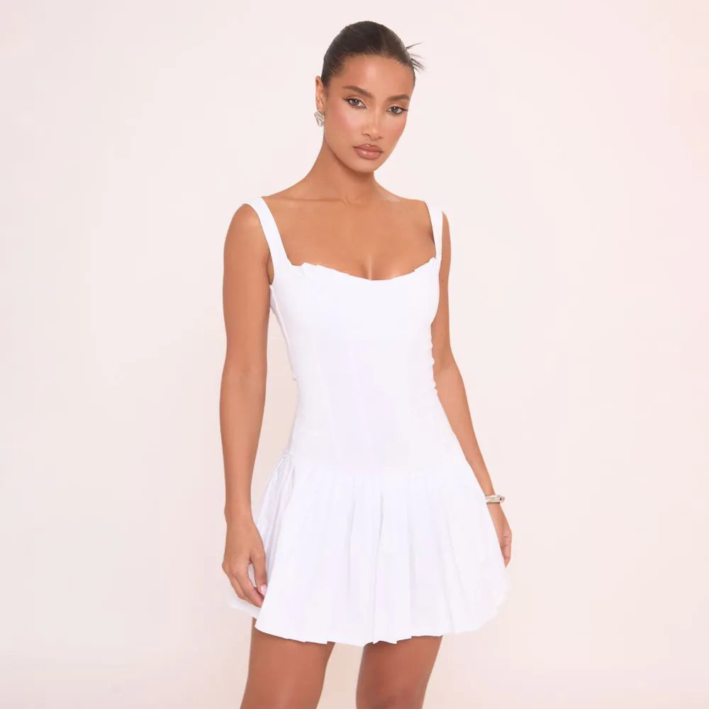 Square Neck Pleated Detail Mini Skater Dress In White