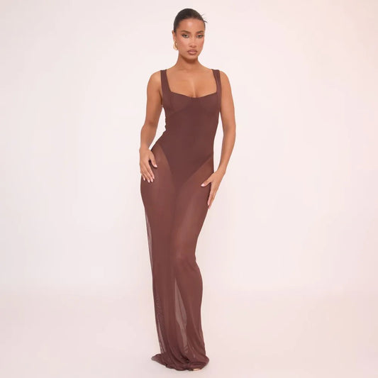 Scoop Neck Bodysuit Insert Dress In Brown Mesh