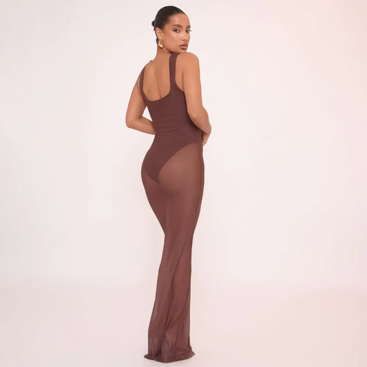 Scoop Neck Bodysuit Insert Dress In Brown Mesh