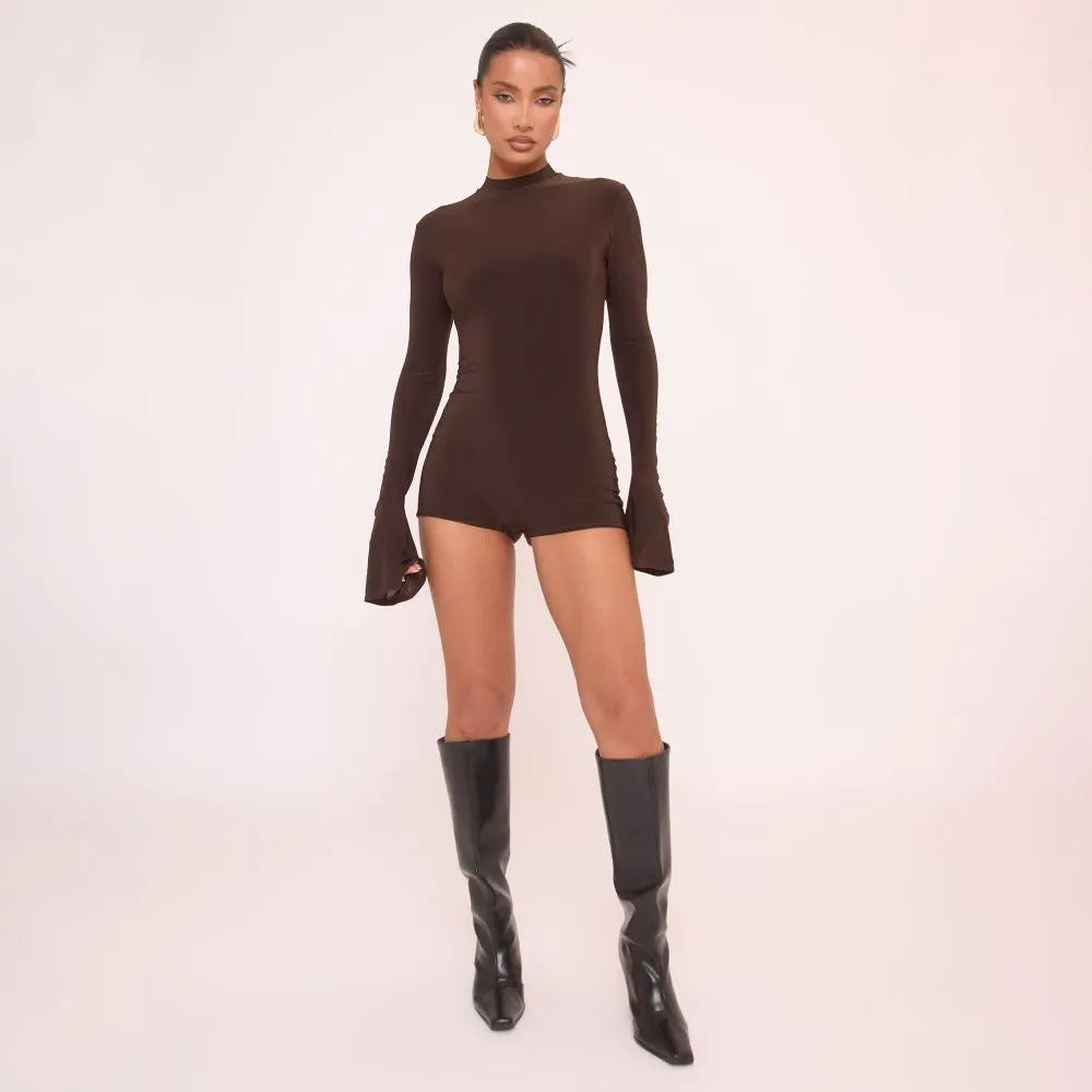 Long Flute Sleeve Double Layered Playsuit In Brown Slinky