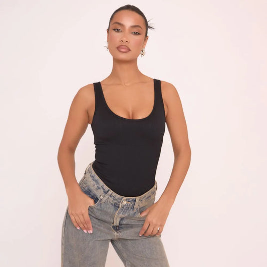 Scoop Neck Bodysuit In Black Ribbed