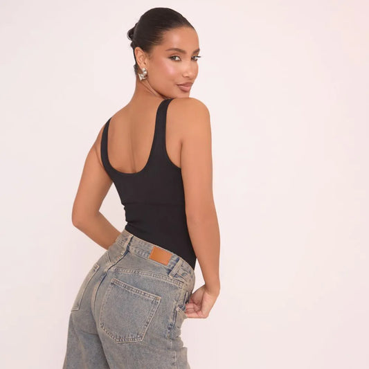 Scoop Neck Bodysuit In Black Ribbed