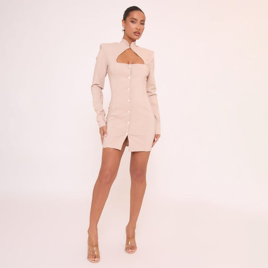 Long Sleeve High Neck Pearl Button Detail Blazer Mini Dress In Stone