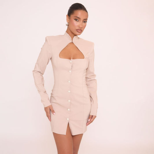 Long Sleeve High Neck Pearl Button Detail Blazer Mini Dress In Stone