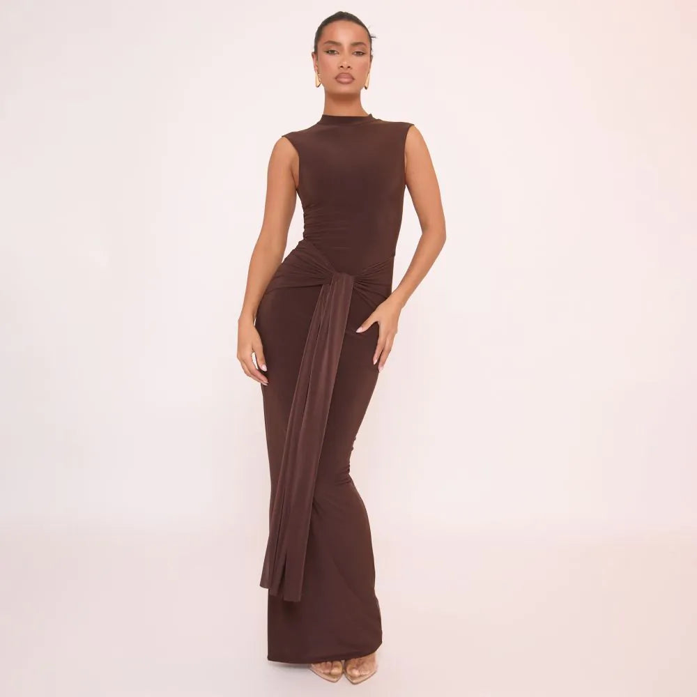 High Neck Sleeveless Tied Front Maxi Dress In Brown