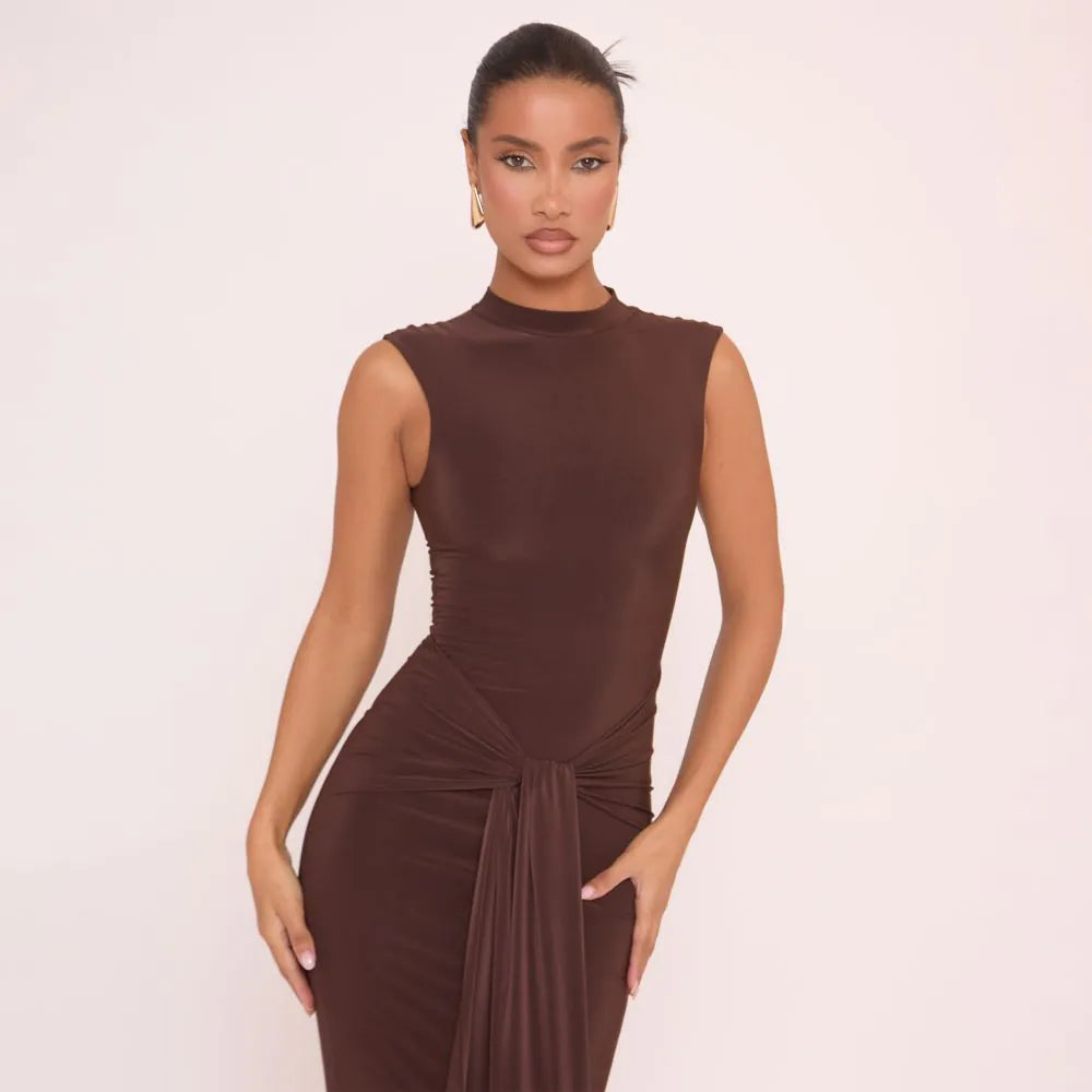 High Neck Sleeveless Tied Front Maxi Dress In Brown