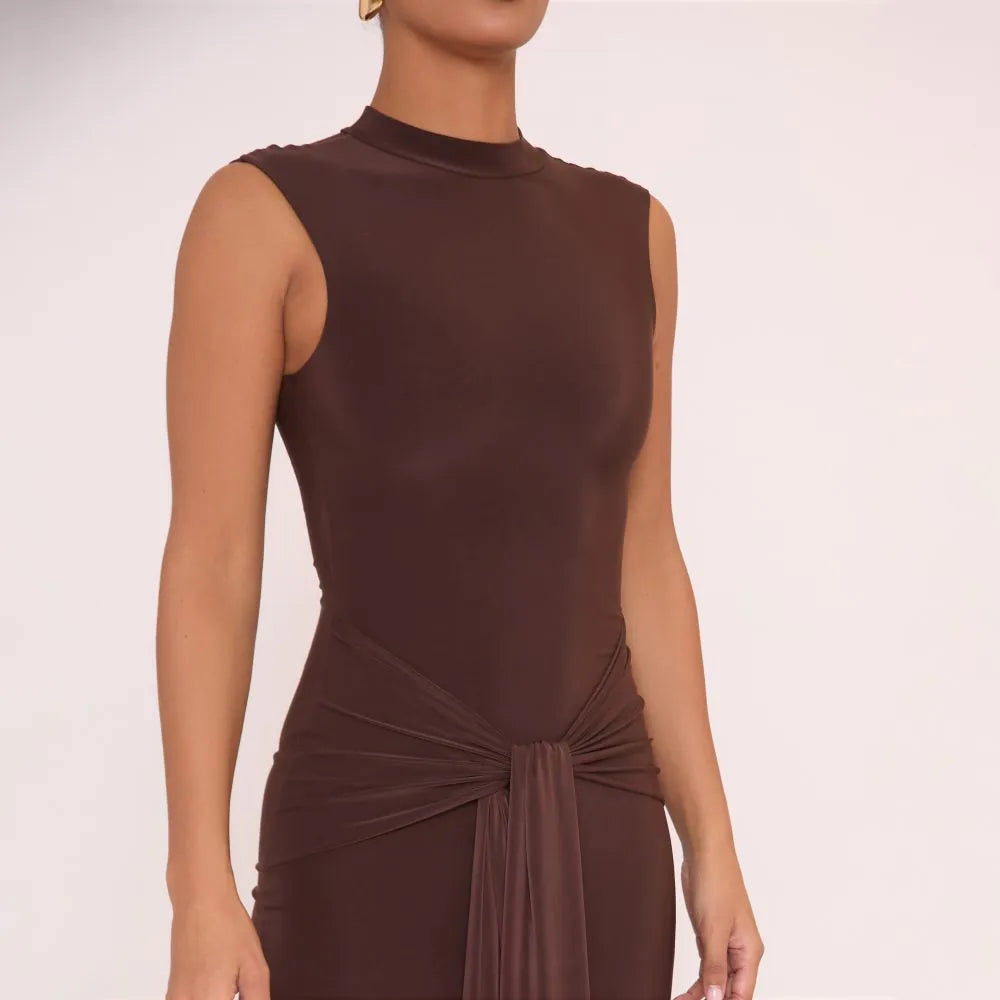 High Neck Sleeveless Tied Front Maxi Dress In Brown