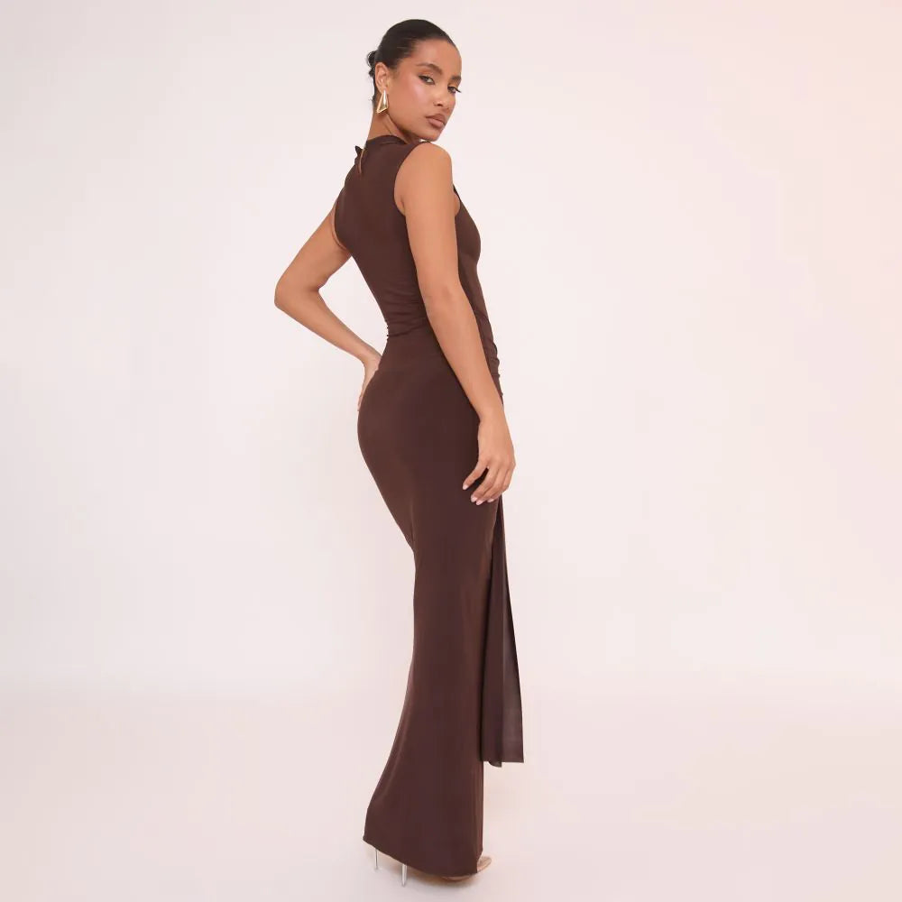 High Neck Sleeveless Tied Front Maxi Dress In Brown