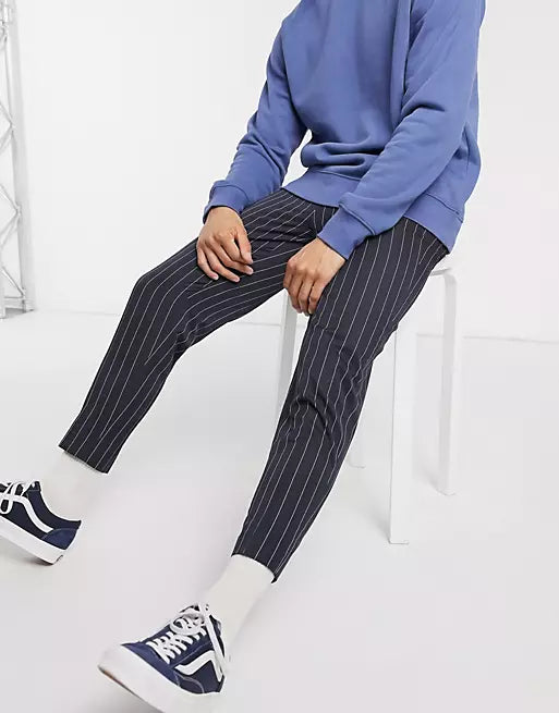 Smart Tapered Pinstripe Trousers In Navy