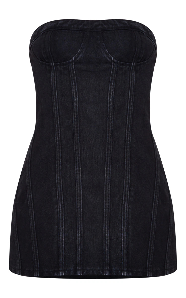 Washed Black Seam Front Denim Mini Dress