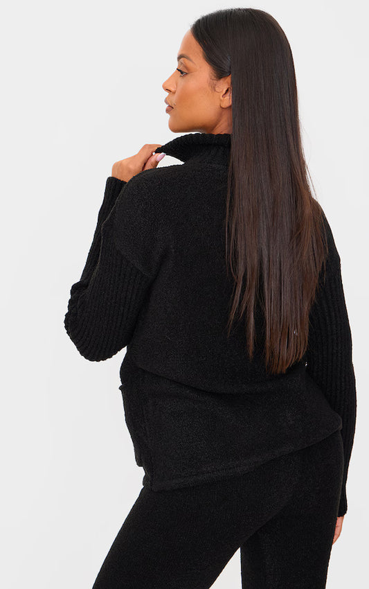 Maternity Black Boucle Knit Zip Up Long Sleeve Top