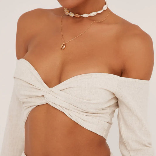 Flared Sleeve Bardot Knot Front Crop Top In Stone Linen