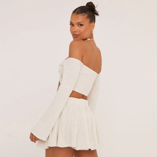 Flared Sleeve Bardot Knot Front Crop Top In Stone Linen