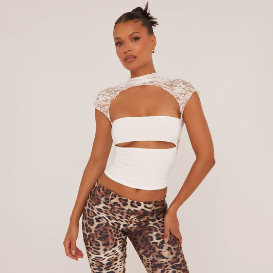 Lace Insert High Neck Short Sleeve Slashed Underbust Top In White Slinky