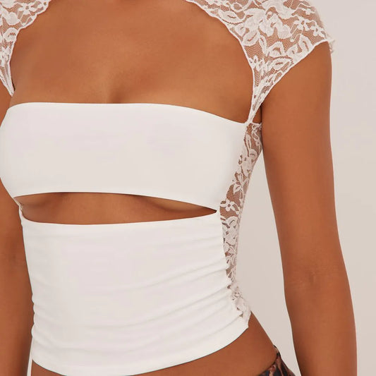 Lace Insert High Neck Short Sleeve Slashed Underbust Top In White Slinky