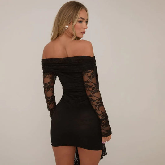 Long Sleeve Bardot Double Draped Detail Mini Dress In Black Lace