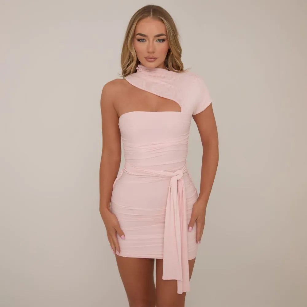One Shoulder High Neck Draped Front Mini Dress In Pink