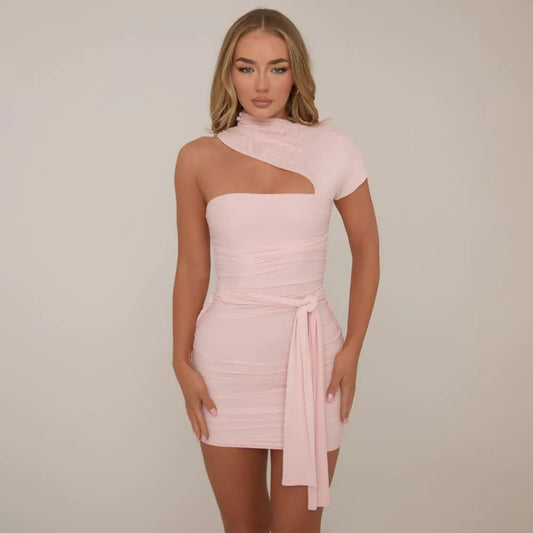 One Shoulder High Neck Draped Front Mini Dress In Pink