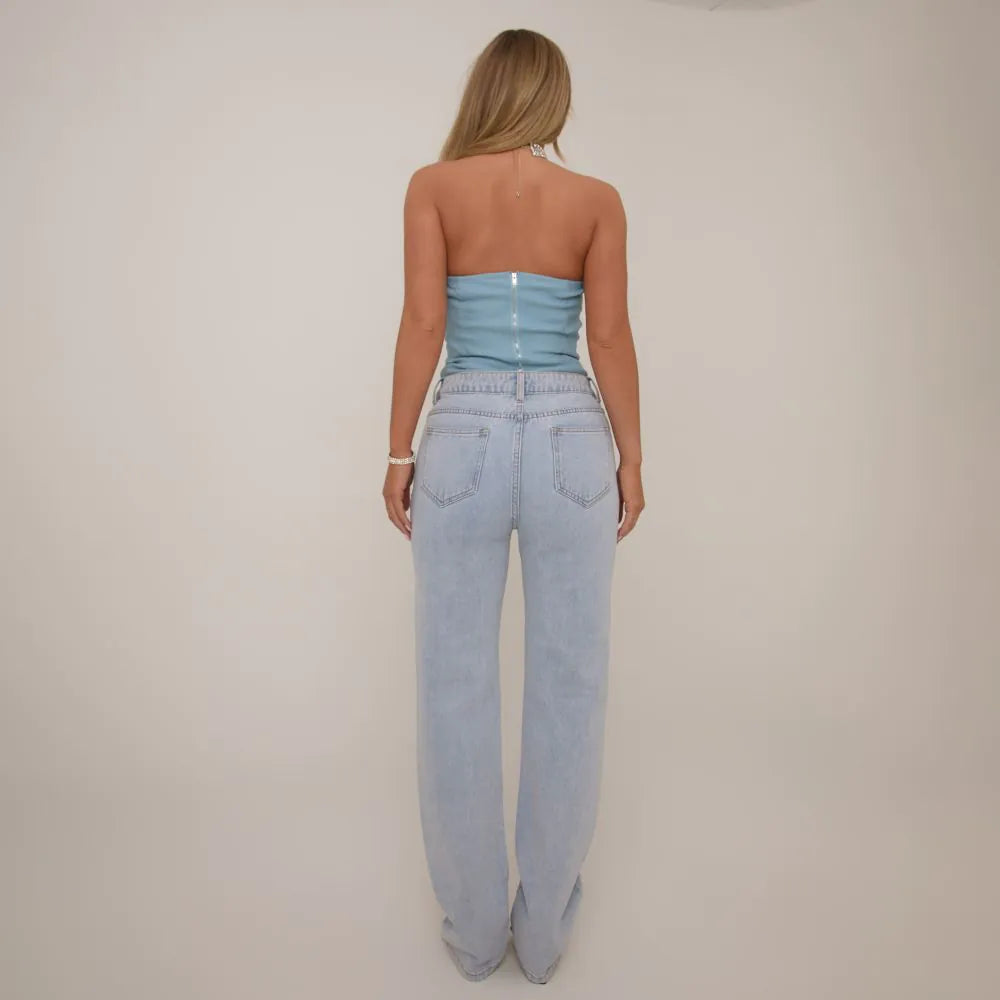High Waist Diamante Cut Out Heart Detail Jeans In Blue Denim