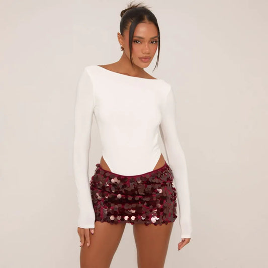 Long Sleeve Crew Neck Open Back Bodysuit In White Slinky