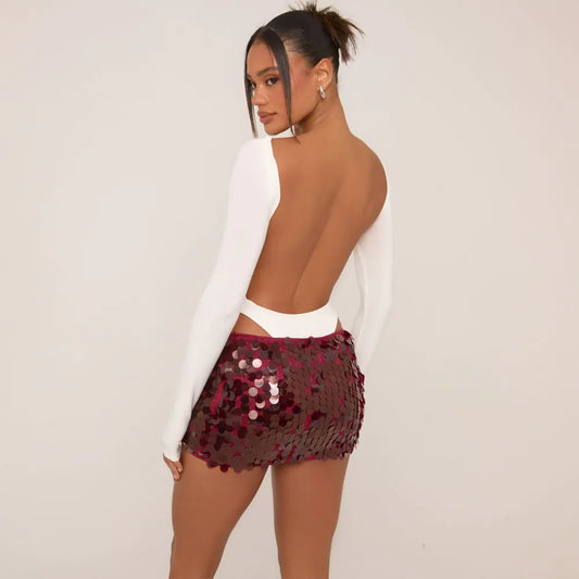 Long Sleeve Crew Neck Open Back Bodysuit In White Slinky