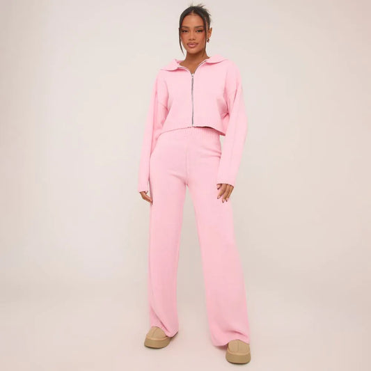 Zip Through Cropped Hoodie & Trousers In Pink Knit SET