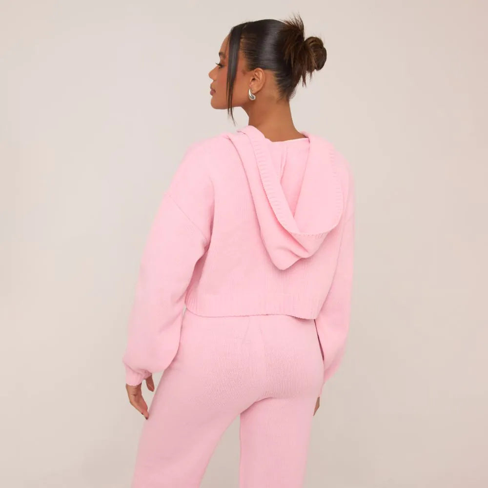Zip Through Cropped Hoodie & Trousers In Pink Knit SET