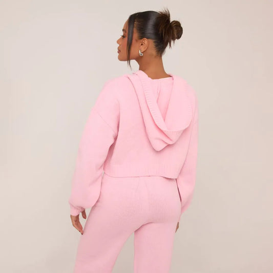 Zip Through Cropped Hoodie & Trousers In Pink Knit SET