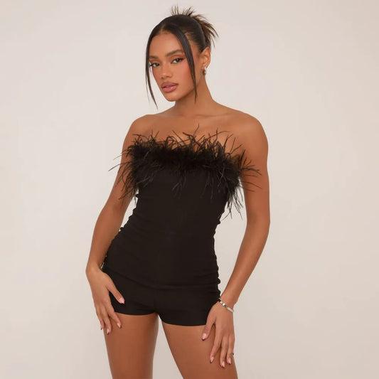 Bandeau Faux Feather Trim Detail Playsuit In Black