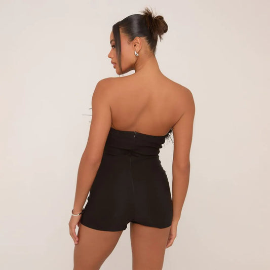 Bandeau Faux Feather Trim Detail Playsuit In Black