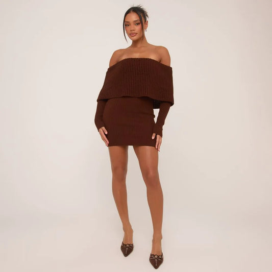 Extreme Fold Over Bardot Mini Bodycon Dress In Chocolate Brown Knit