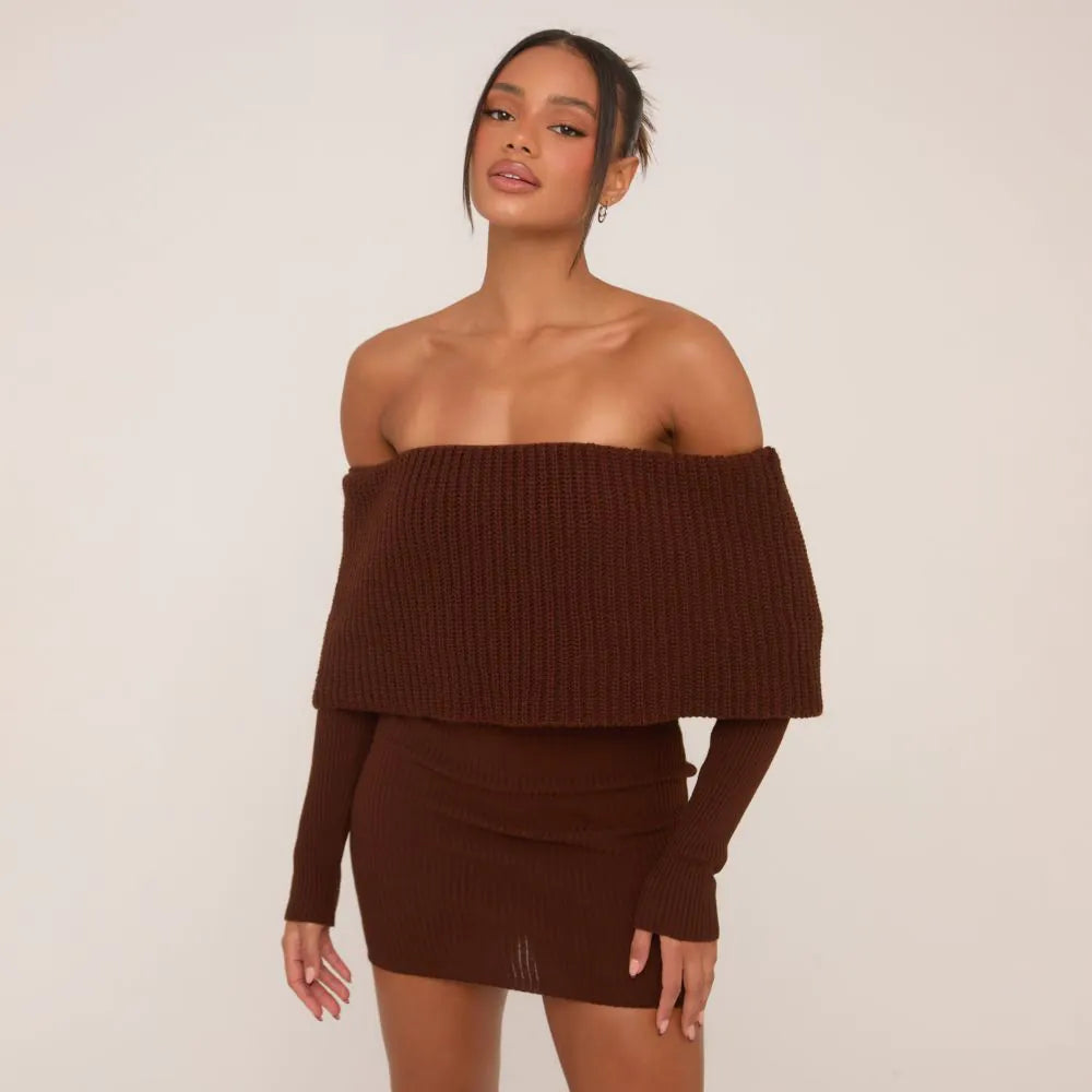 Extreme Fold Over Bardot Mini Bodycon Dress In Chocolate Brown Knit