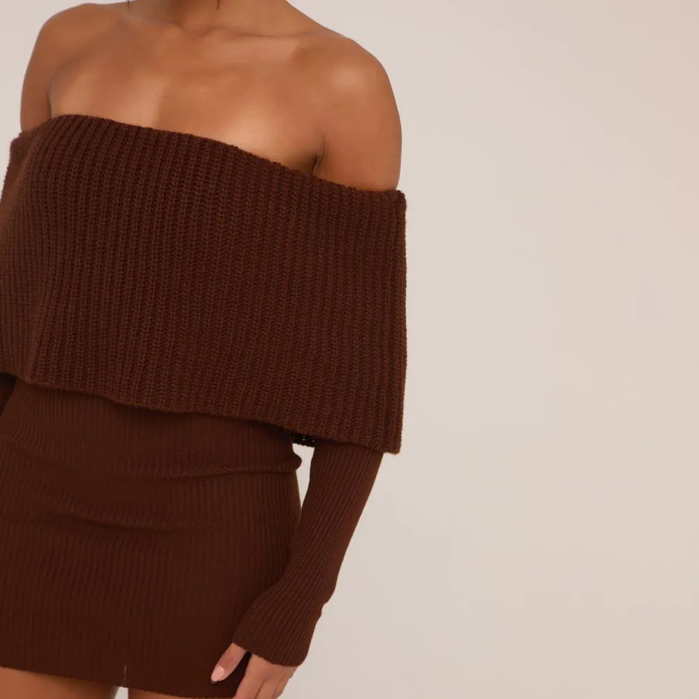 Extreme Fold Over Bardot Mini Bodycon Dress In Chocolate Brown Knit