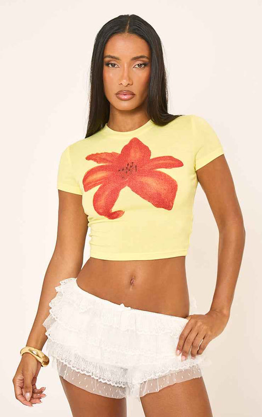 Ego - Short Sleeve Floral Print Cropped Baby Tee In Yellow