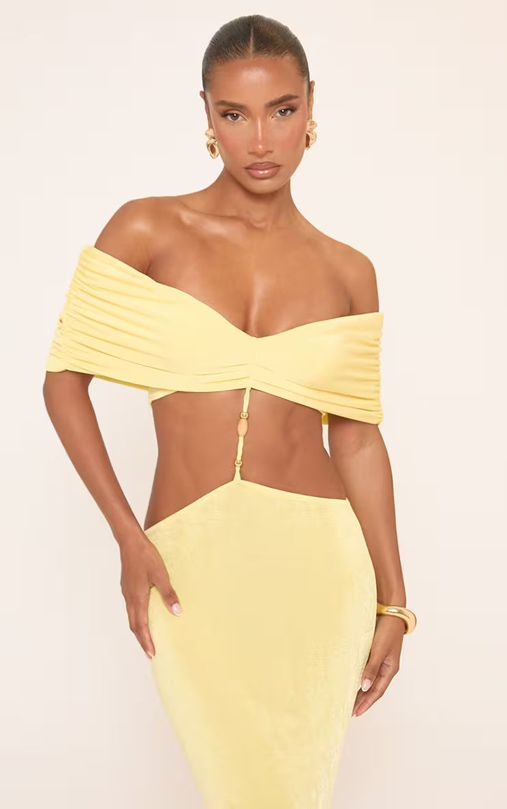 Ego - Bardot Beaded Trim Detail Cut Out Maxi Dress In Yellow
