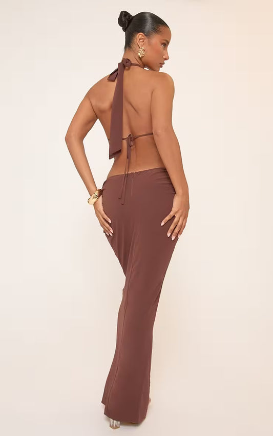 Halterneck Trim Detail Open Back Cut Out Maxi Dress In Brown Chiffon